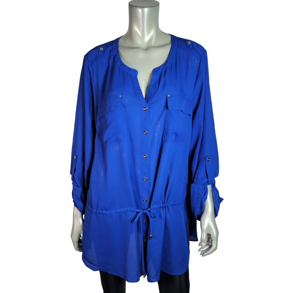 Zac & Rachel Tunic Top Plus Size 2X Semi Sheer Pockets Tie Waist Tab Sleeve Blue